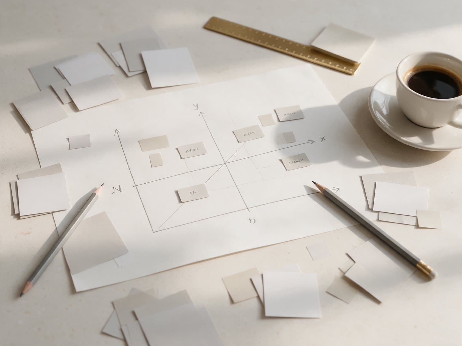 Strategie-Workshop auf einem Steintisch: Positionierungskarte, Notizkarten, Bleistift und Kaffee