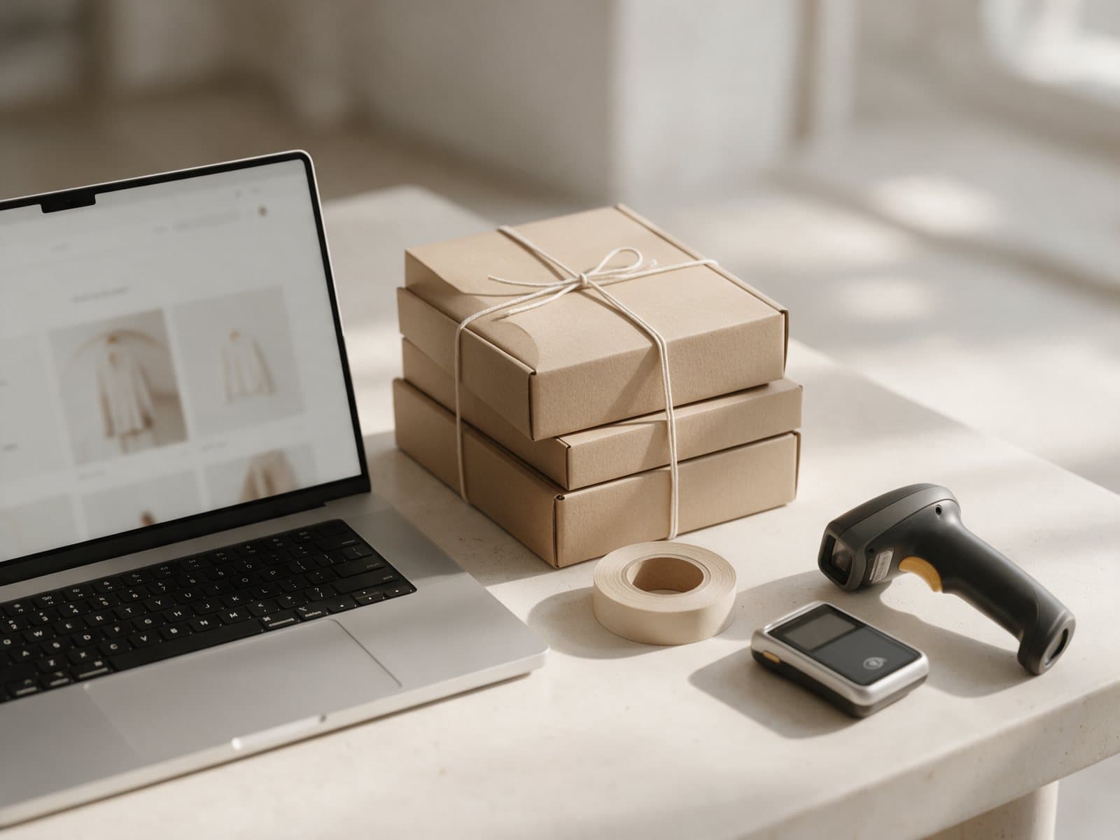 Laptop mit Online-Shop neben Versandkartons, Klebeband, Scanner und Kartenleser