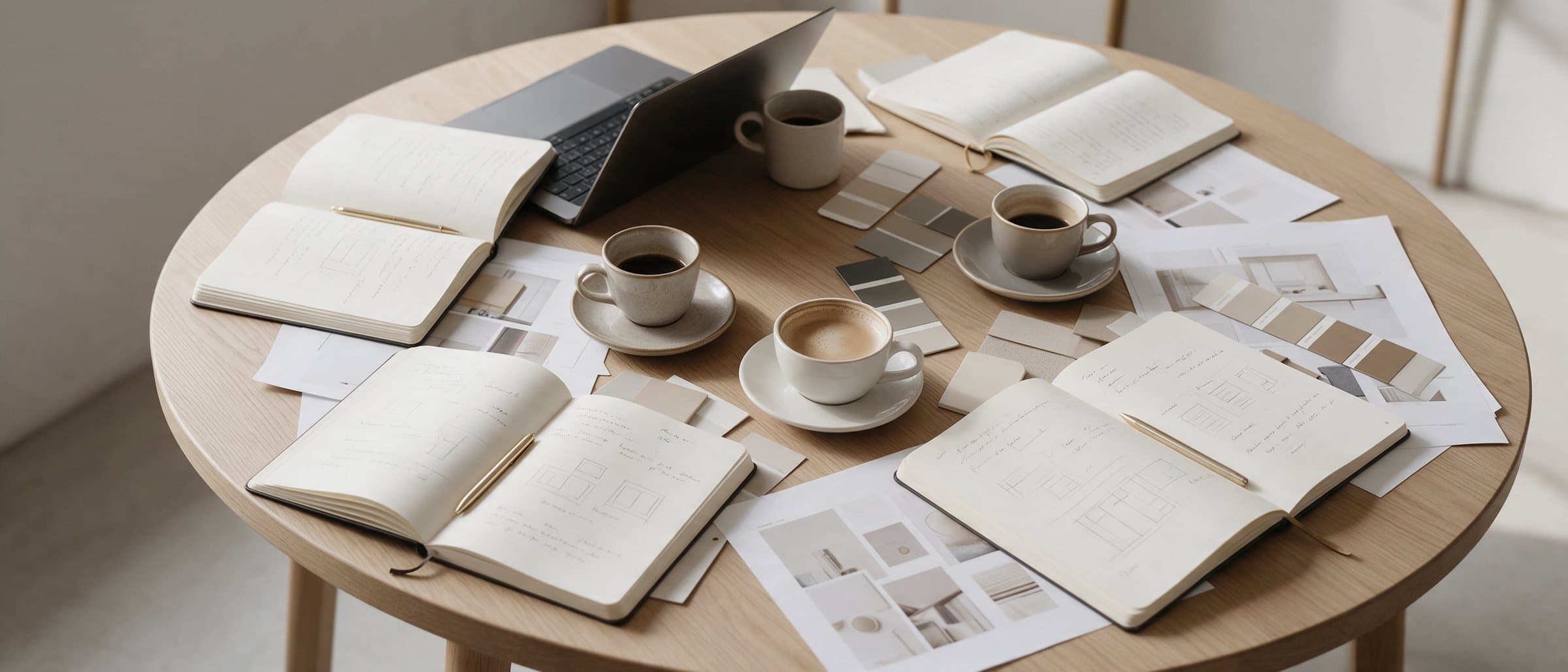 Runder Holztisch nach einem Workshop: offene Notizbücher, Laptop, Kaffeetassen, Layouts und Farbkarten