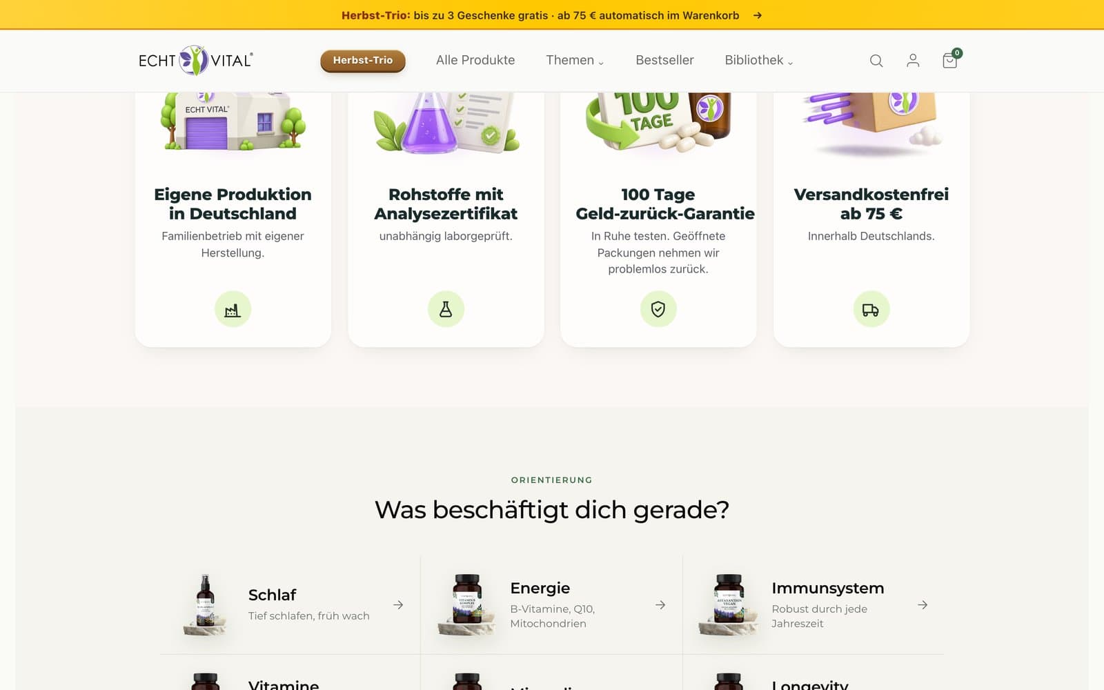 Weiterer Abschnitt der Startseite von Echt Vital