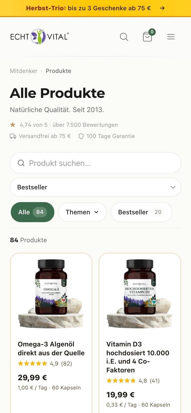 Produktübersicht von Echt Vital auf dem Smartphone