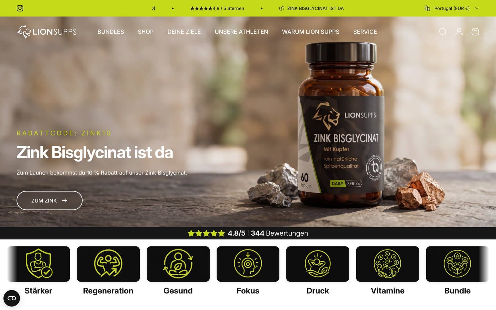 Startseite von Lion Supps auf dem Desktop