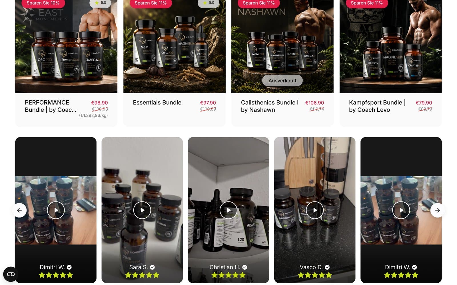 Weiterer Abschnitt der Startseite von Lion Supps