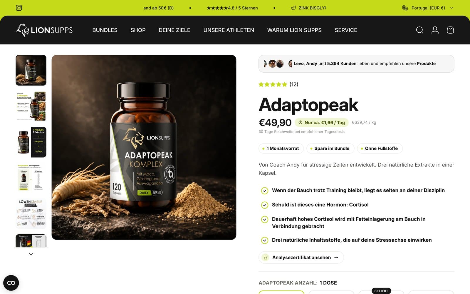 Produktseite von Lion Supps auf dem Desktop