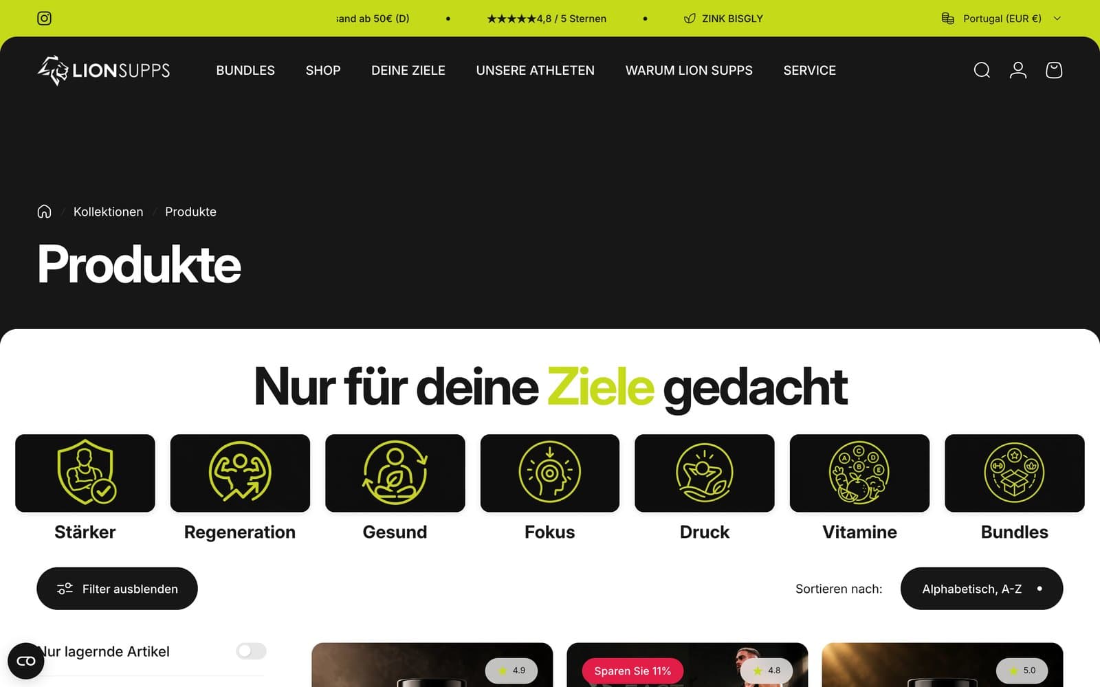 Produktübersicht von Lion Supps auf dem Desktop