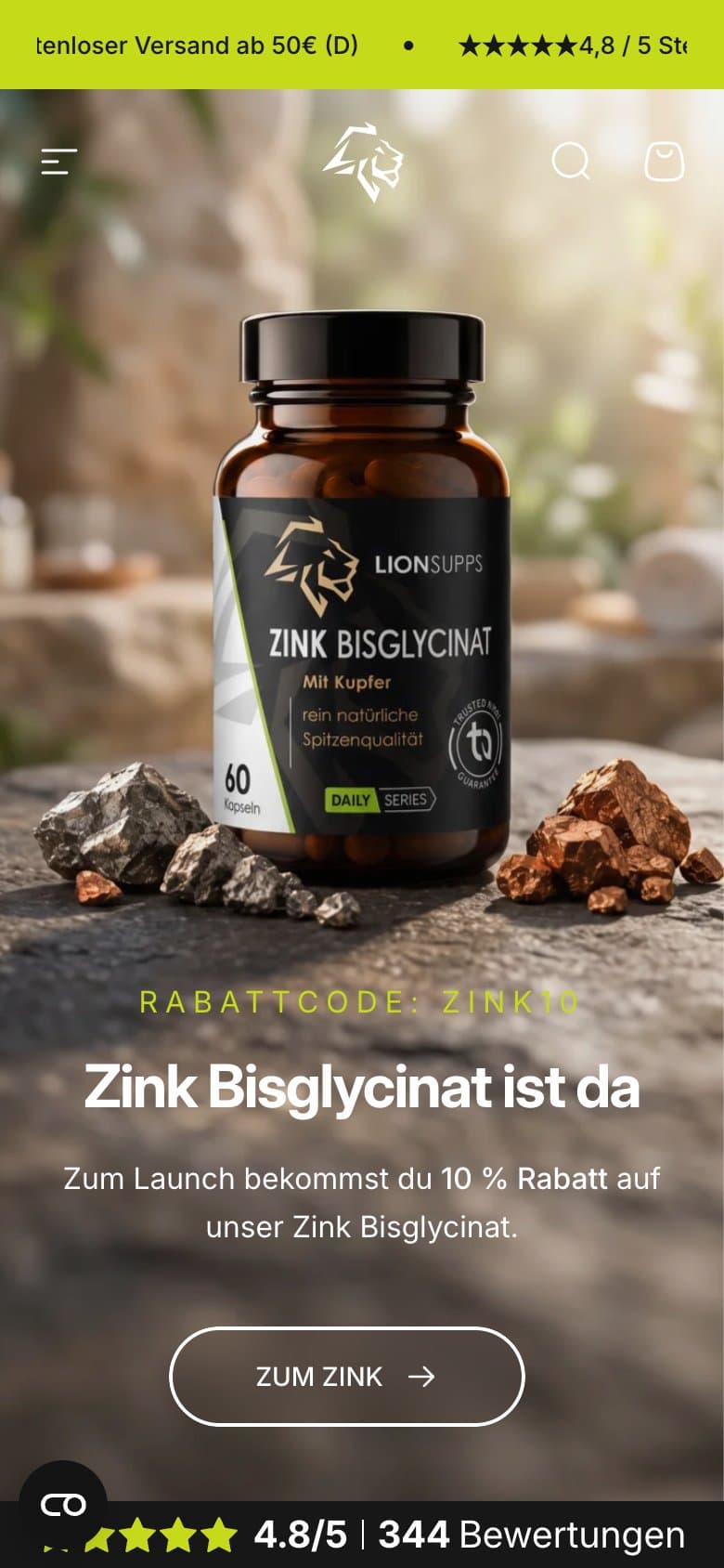 Startseite von Lion Supps auf dem Smartphone