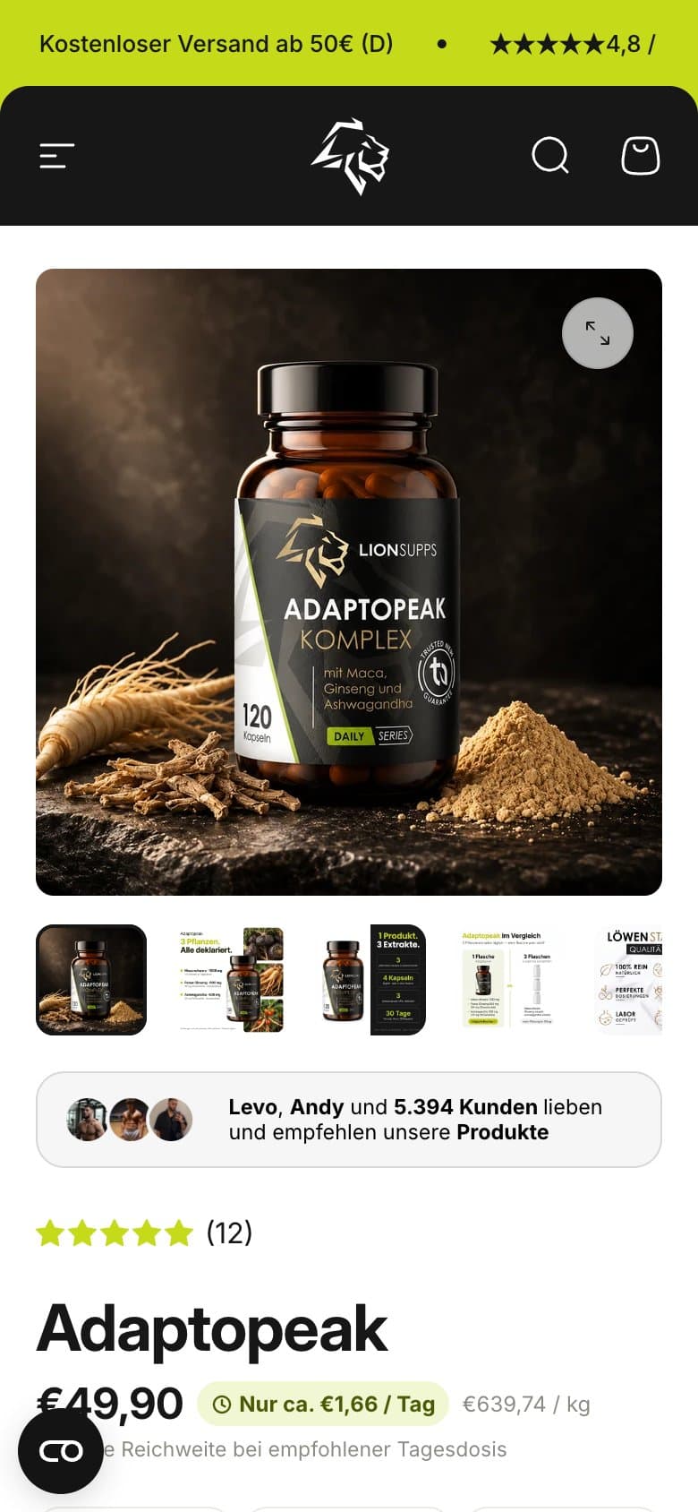 Produktseite von Lion Supps auf dem Smartphone