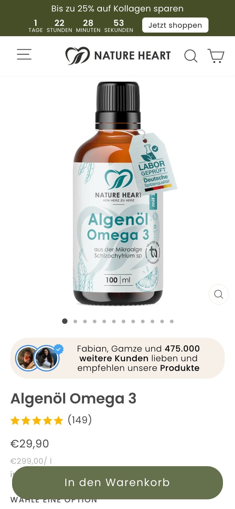 Produktseite von Nature Heart auf dem Smartphone